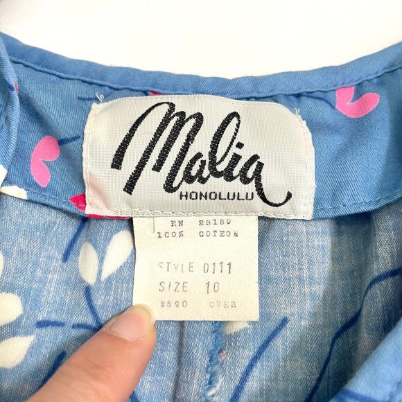 VTG Malia Honolulu Womens Midi Dress 10 Blue Floral Dainty Feminine Retro Cotton - Picture 5 of 16